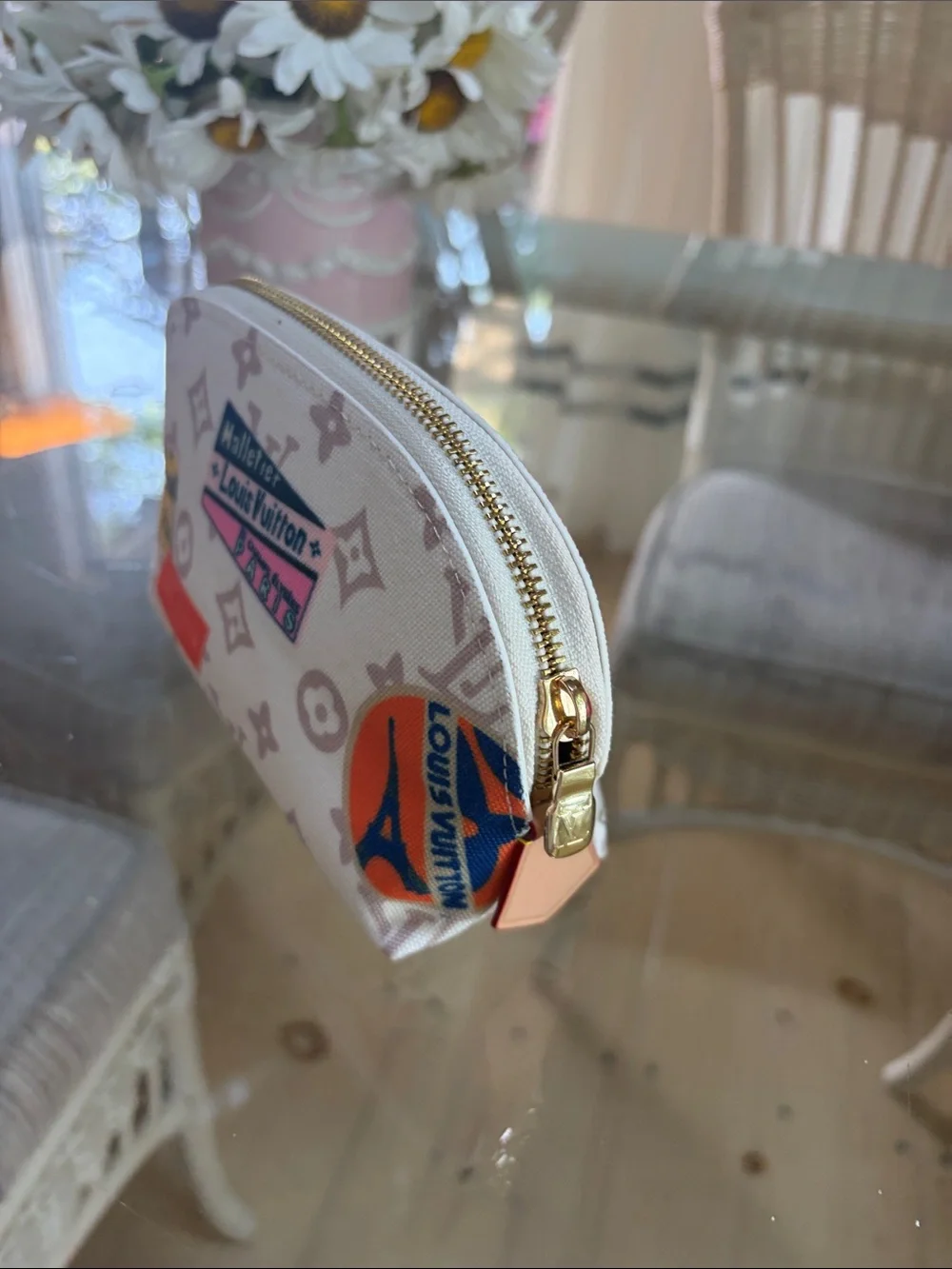 Source Unknown White Cosmetic Pouch with Multicolor Patch Motifs Unbranded